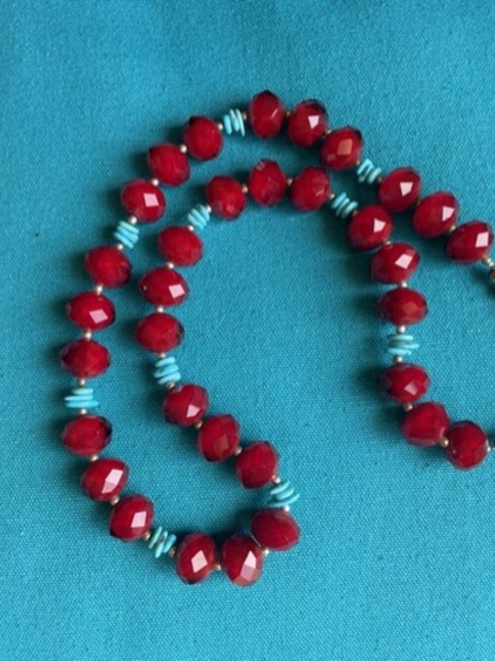 Faceted Red Glass Beads with Turqouise